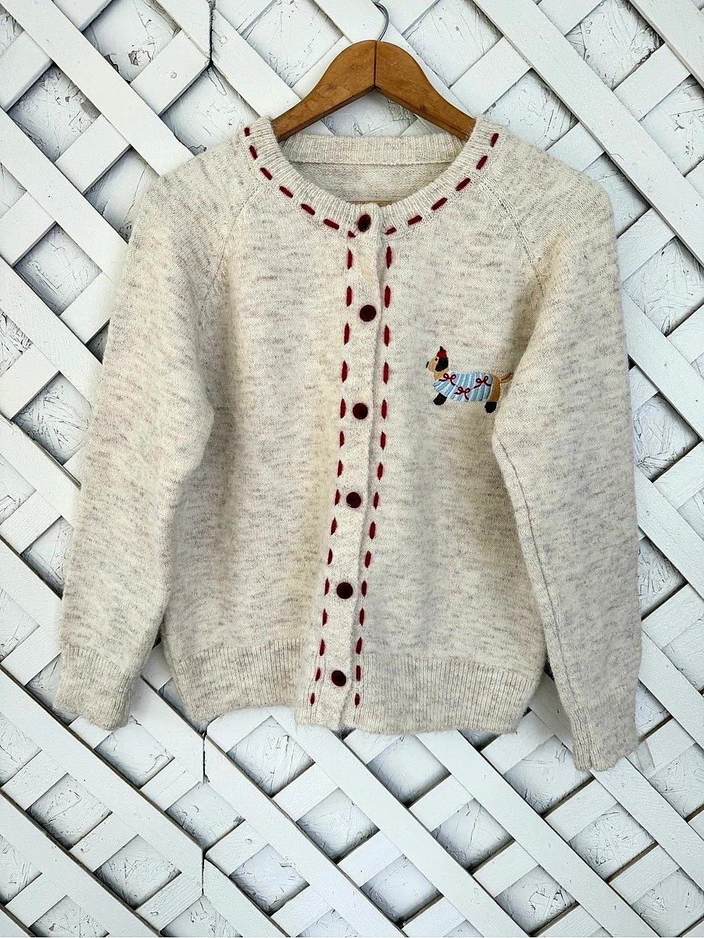 Dachshund Embroidered Dog Cardigan in Cream Fuzzy Cozy M/L
